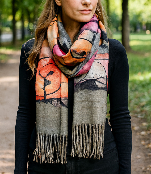 Women's scarf with abstract motif tassels