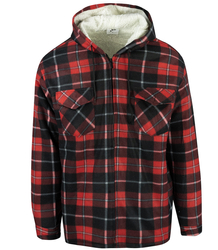 Warm fleece men's plaid shirt with hood insulated with faux fur
