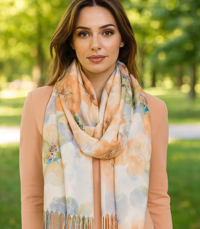 Women's scarf with floral motif and tassels elegant