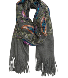Women's scarf with embroidered pattern and tassels