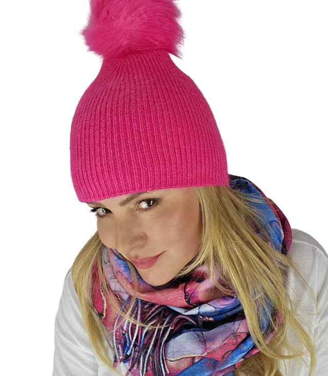 Warm women's beanie with pompon winter autumn ribbed monochrome hat