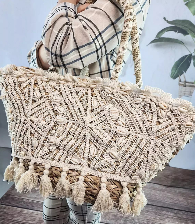 Large natural basket trapeze handbag boho  