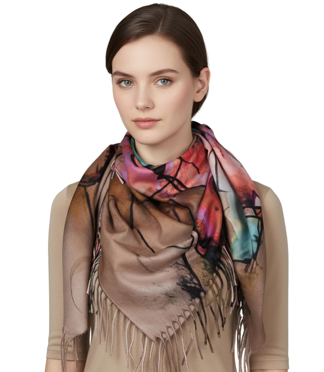 Abstract shawl scarf multicolored elegant with tassels