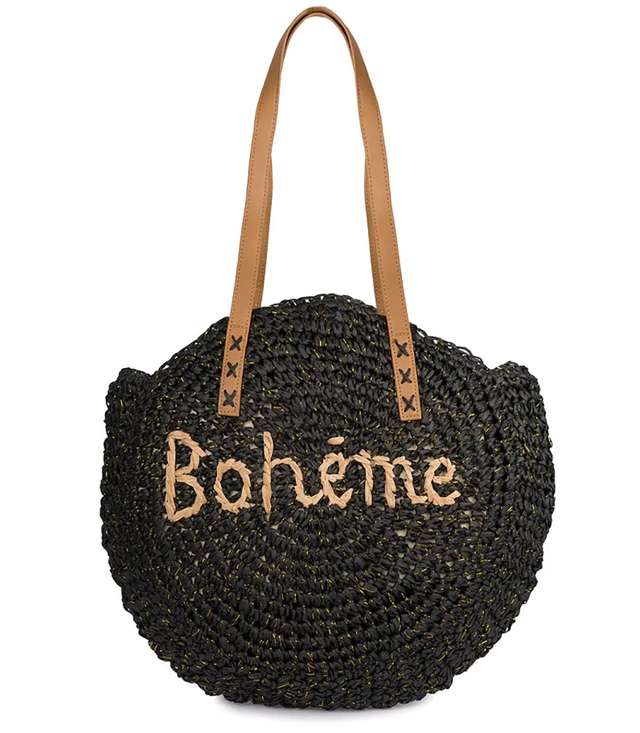 Okrągła torebka boho z plecionki z napisem „Bohème”