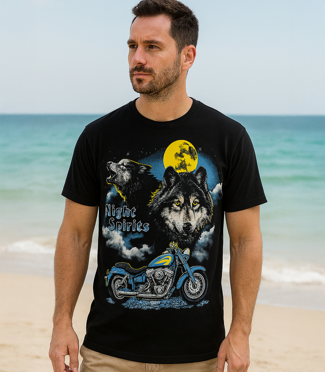Night Spirits men's t-shirt with wolves and motorcycle print