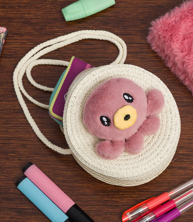 Children's Straw Bag with Plush Octopus 