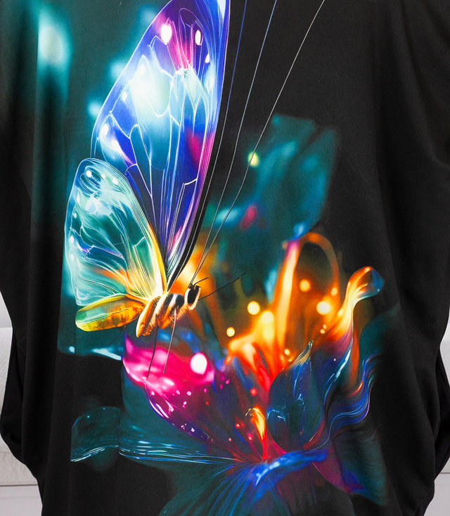 Black tunic dress with colorful print and pockets PERLA