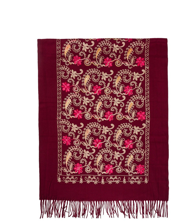 Women's folklore scarf with flower motif and tassels