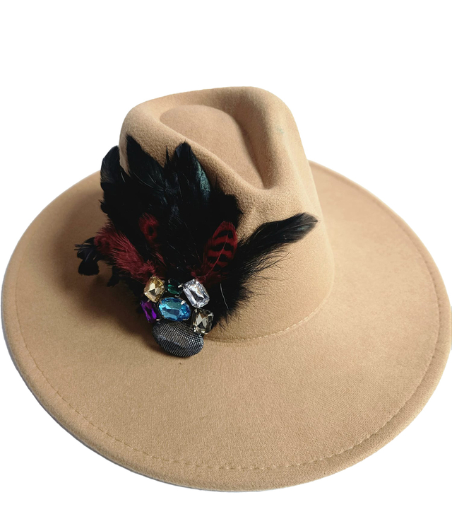 Elegant women's hat with large brooch with feathers and colored zircons