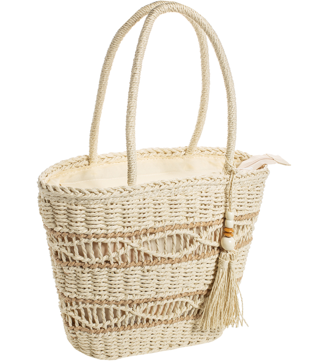 Medium basket, summer bag, stiff woven handbag with tassel