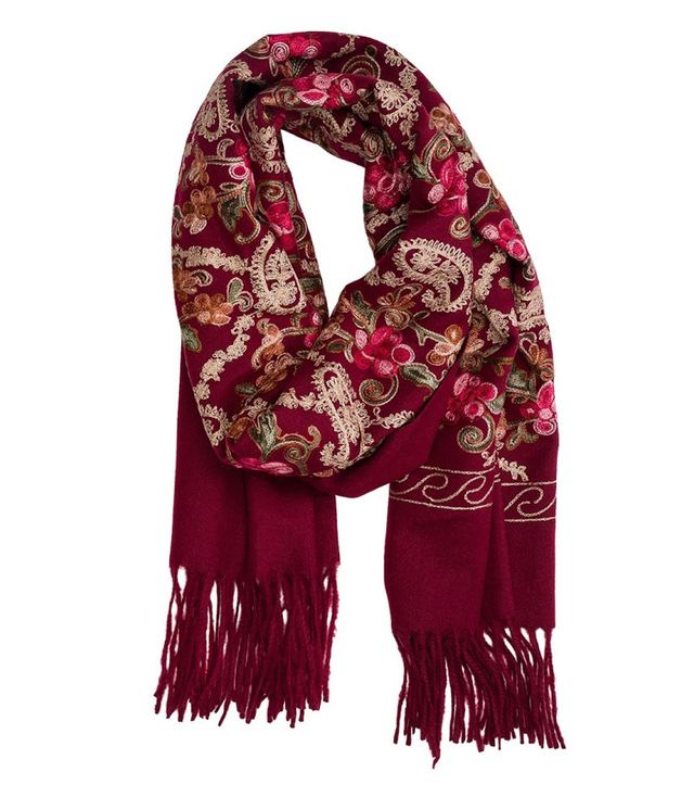 Women's folklore scarf with flower motif and tassels