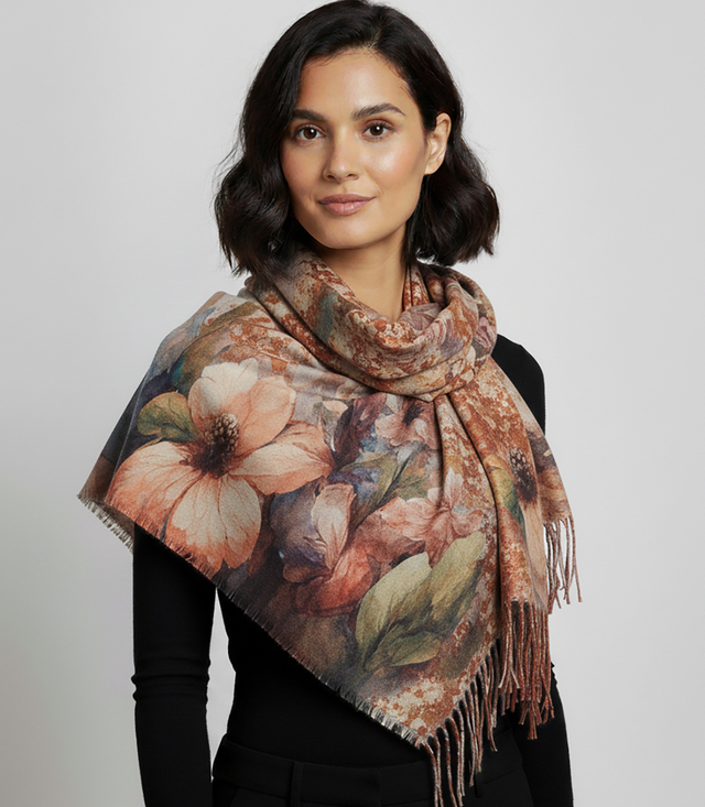 Elegant scarf large flowers with tassels