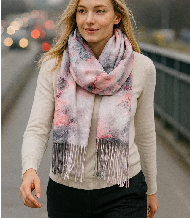 Women's scarf with floral motif and tassels elegant