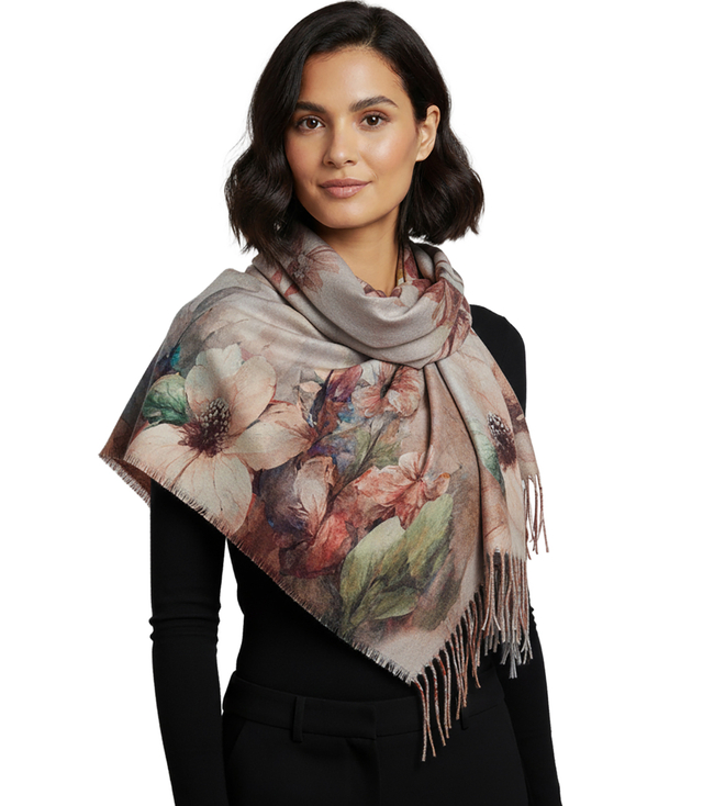 Elegant scarf large flowers with tassels