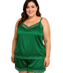 Satin pajama set with lace shorts top petticoat