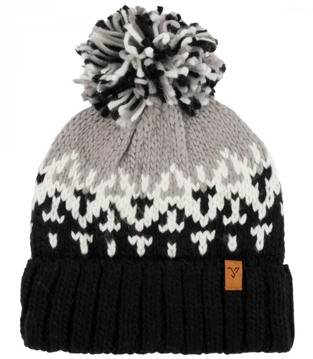 Warm women's cap with colorful pom-pom in winter pattern autumn winter