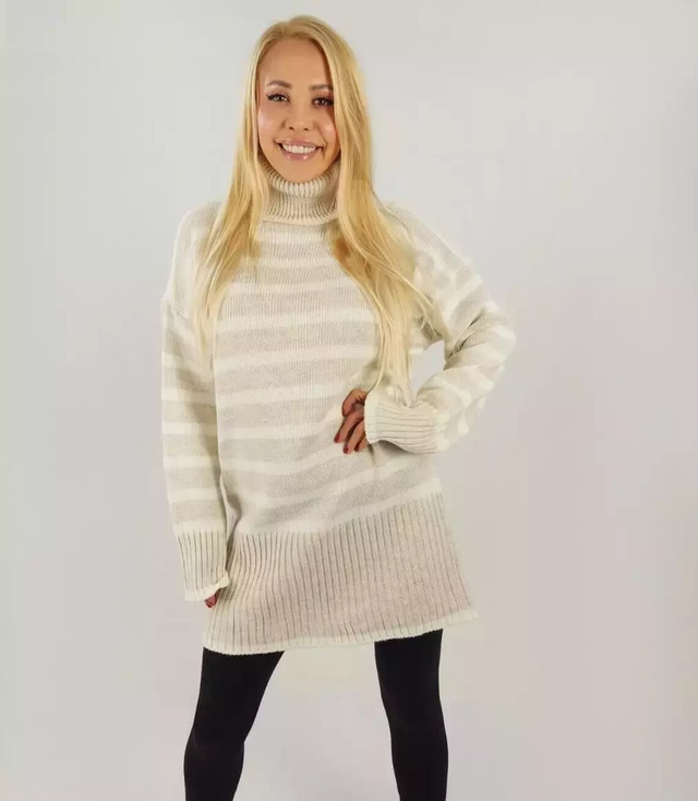 Oversize loose long turtleneck sweater with stripes