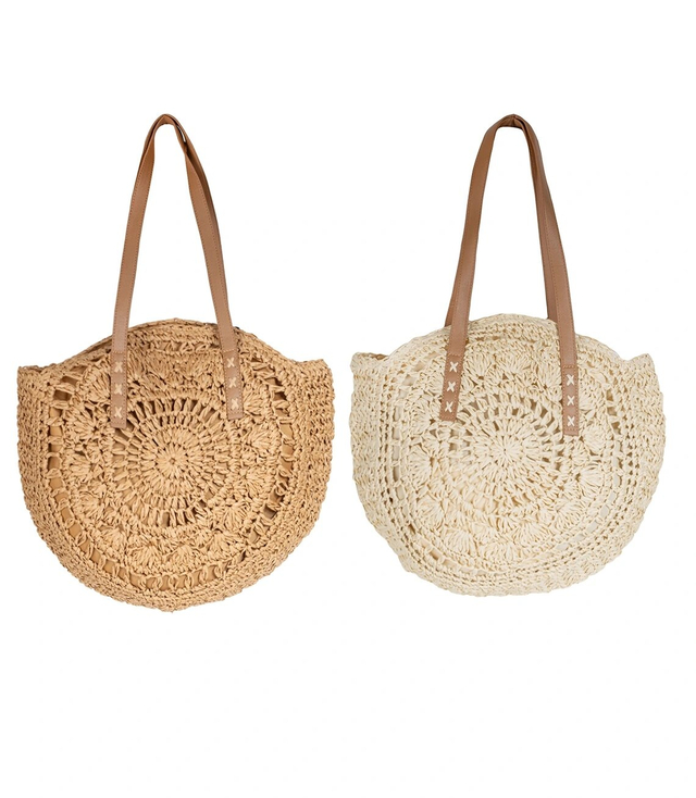 Large round straw beach bag, woven with an openwork pattern