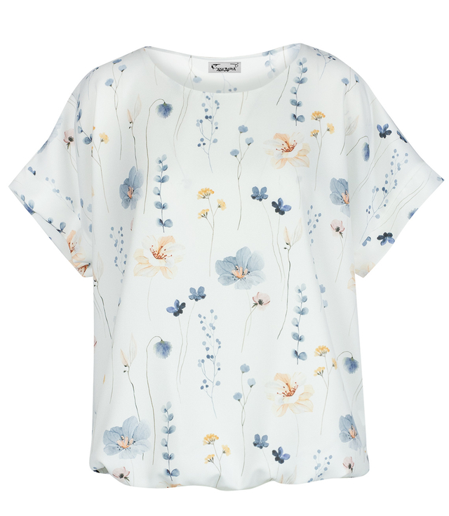 Elegant blouse with a round neckline and an elastic waistband with an EMI print
