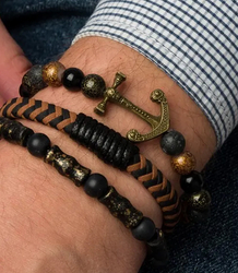 Set of men's bracelets natural stone with anchor