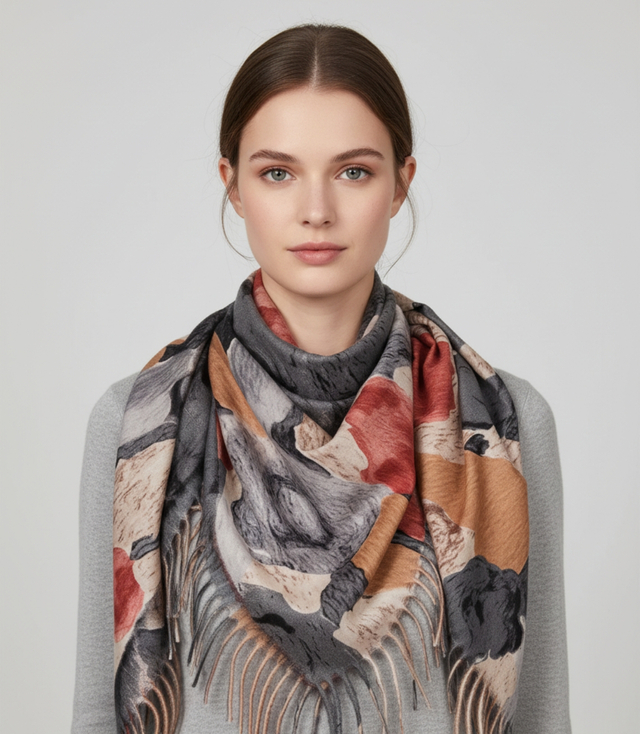 Multicolored elegant women's floral scarf with tassels