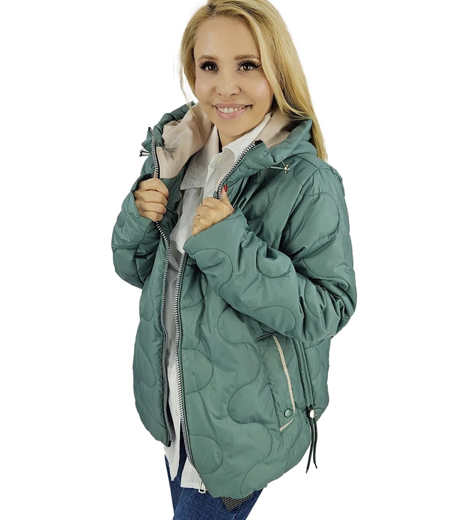 Short quilted transitional jacket with stand-up collar