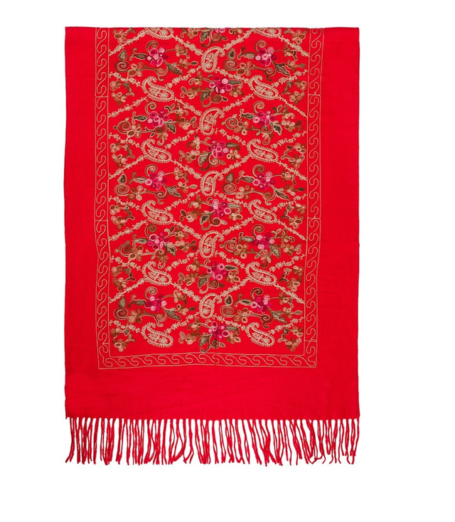 Women's folklore scarf with flower motif and tassels