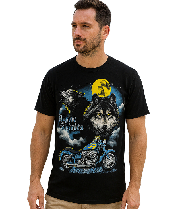 Koszulka męska t-shirt Night Spirits z nadrukiem wilków i motocykla