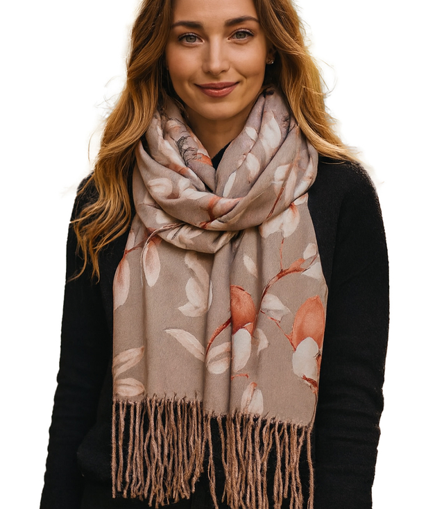 Women's scarf with a motif of small flowers tassels