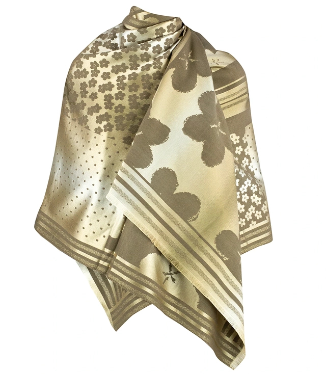 Elegant double-sided scarf with gold thread and floral pattern