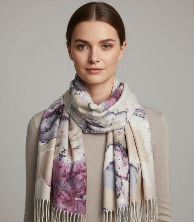 Women's scarf with watercolor delicate pattern and tassels