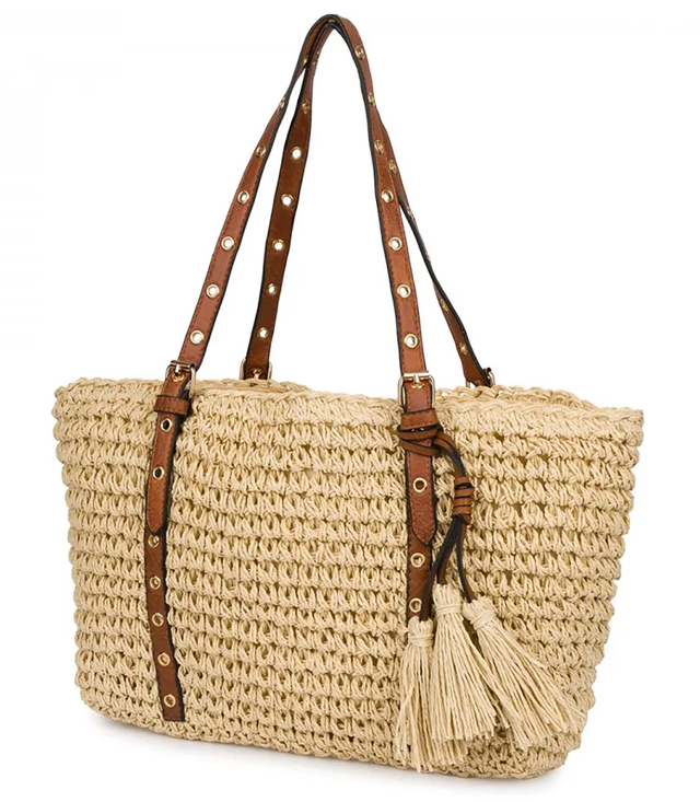 Stylish boho handbag with decorative studs and tassels