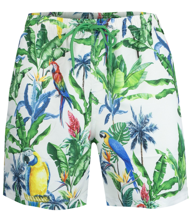 Swimming shorts with tropical print all over patterns