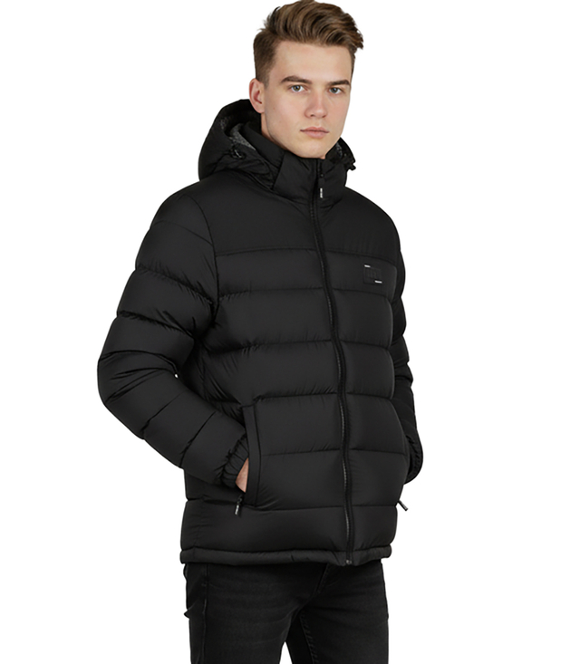 Warm men's quilted winter jacket with hood 