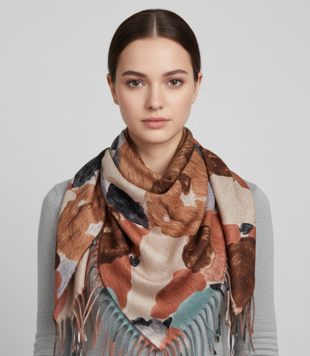 Multicolored elegant women's floral scarf with tassels