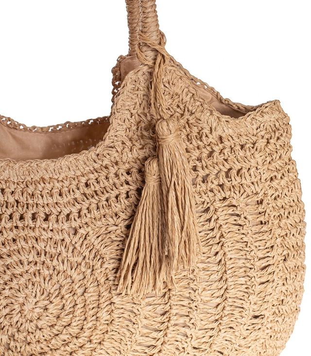 Large round straw beach bag, fully woven