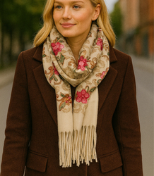Women's folklore scarf with flower motif and tassels