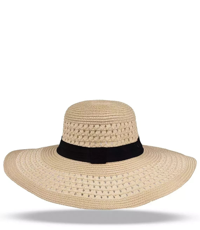 Fashionable large women's straw hat with black ribbon