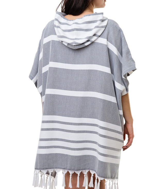 Sauna poncho z frędzlami w paski UNISEX bawełniane
