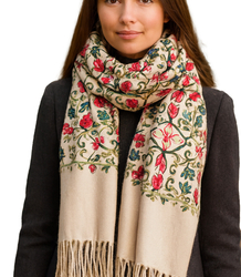 Women's scarf with embroidered pattern and tassels