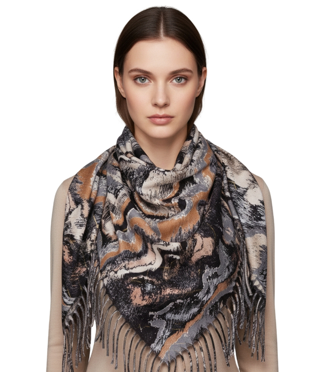 Wavy delicate pattern scarf with tassels