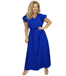 Long dress tied at the waist with short sleeves with frill CELINA