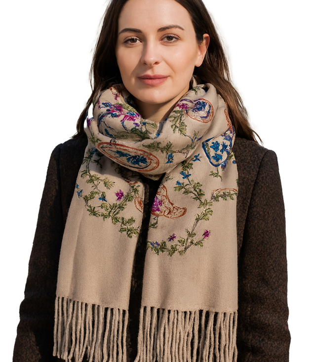 Women's scarf with embroidered pattern and tassels