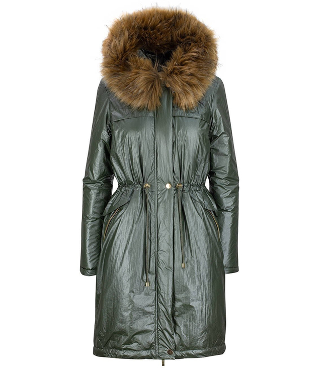Metaliczny płaszcz zimowy parka futro ciepły
