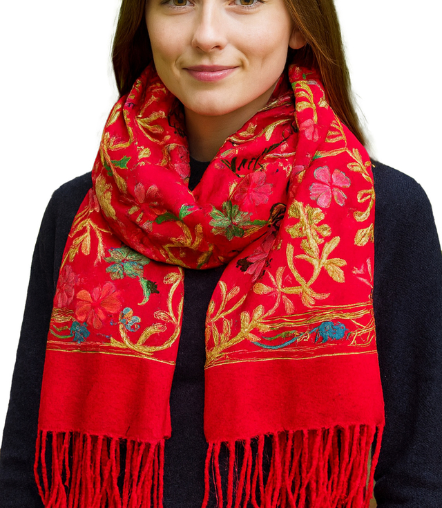 Women's folklore scarf with flower motif and tassels