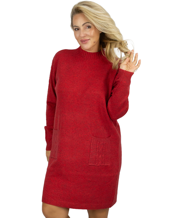 Knit dress with openwork sleeves and pockets