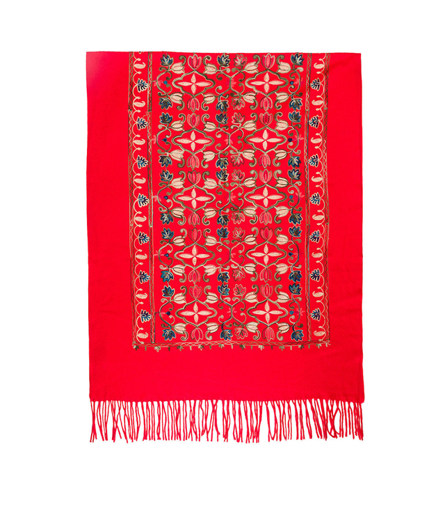 Women's scarf with embroidered pattern and tassels