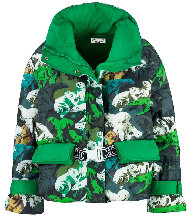 Short green down jacket with an ELZA bear pattern