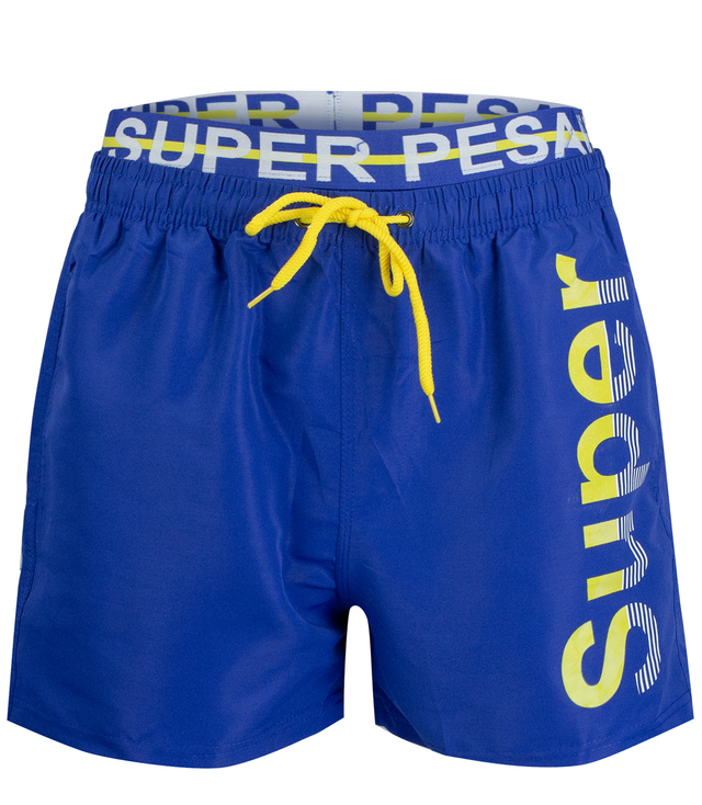 Swimming shorts with tape and the word SUPER