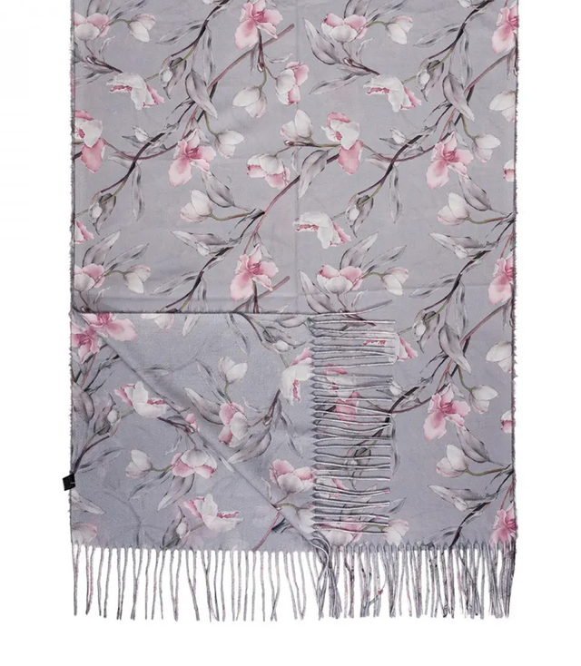 Women's scarf with a motif of small flowers tassels